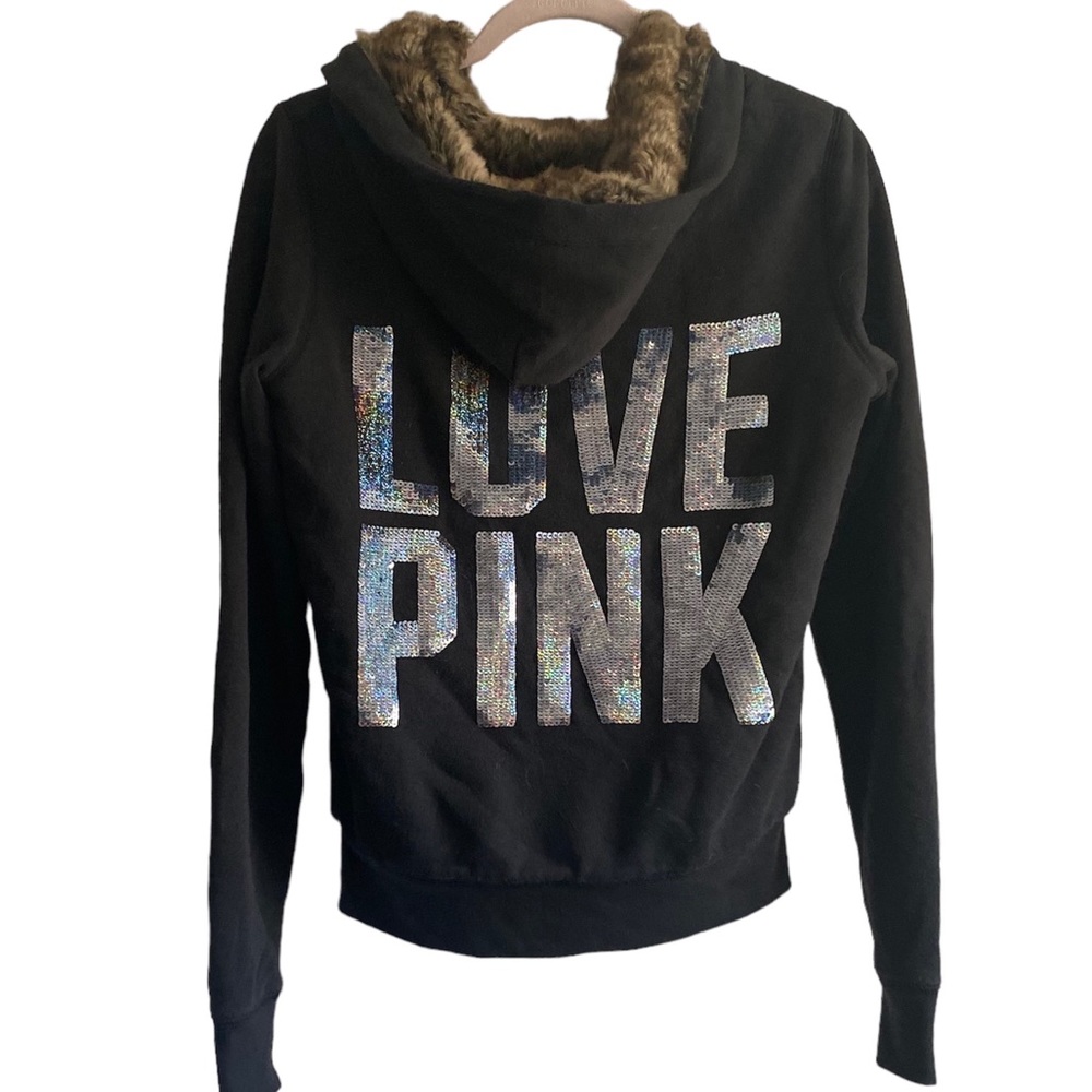 Vintage Y2K Victoria’s Secret PINK Zipper Hoodie — Faux Fur & Sequin Detailing ✨